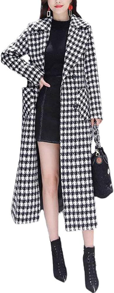 ebossy Women's Houndstooth Trench Coat Winter Single Breasted Quilt-Lined Long Coat | Amazon (US)
