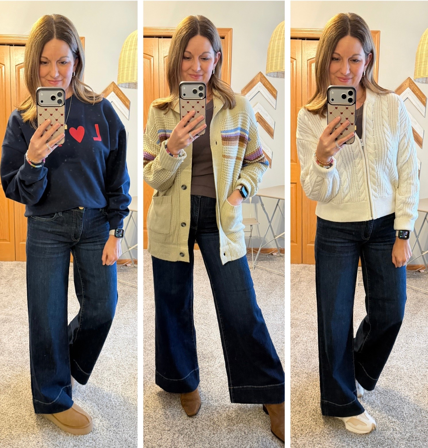 Evereve denim S A L E is on! 

These Kut from the Kluth wide leg jeans are fabulous!! Showing you a few ways to style!

Jeans - Fit tip - size down 1, in size 0

Tops
Love sweatshirt - tts, in size S
Sweater (middle) - tts, in size S 
Bomber sweater (right) - tts, in size S 

Shoes 
Platform Tazz 2 - sized up 1
Booties (no longer available) 
New Balance tennies - sized up 1/2

Evereve | Kut from the Kloth | UGG | Target |Amazon | Z Supply | Zappos 


#LTKOver40 #LTKSaleAlert