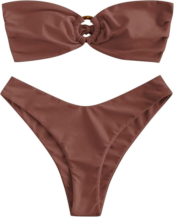 Amazon.com: ZAFUL Women's Bandeau Bikini O Ring Strapless Tie Back High Cut Two Piece Swimsuit Ba... | Amazon (US)