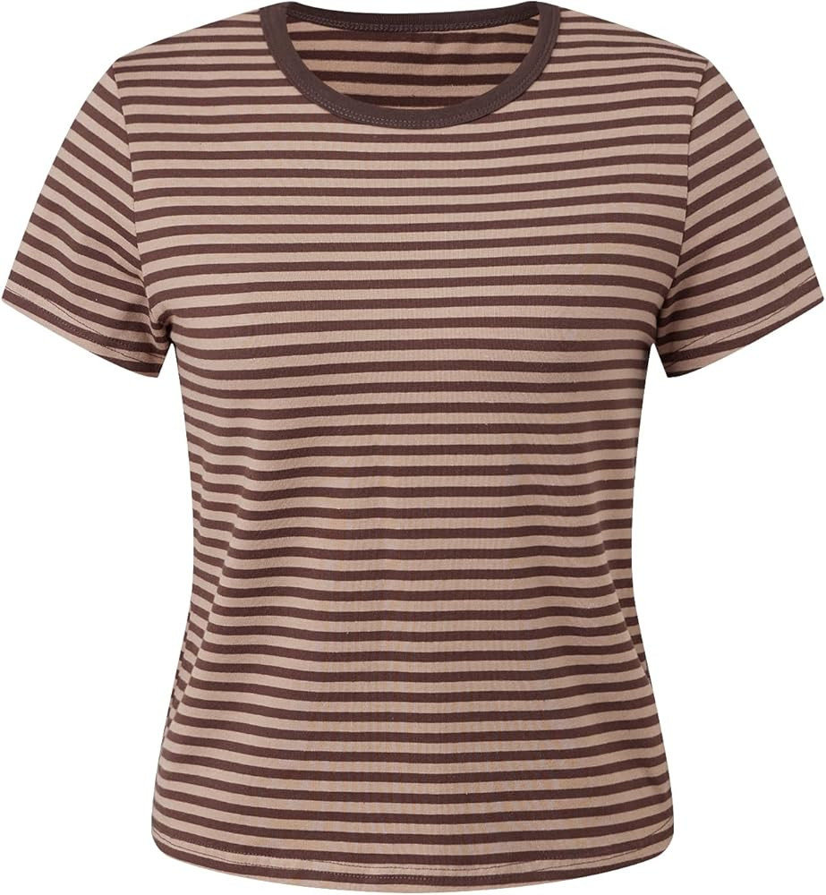 Y2k Baby Tees Crop Tops for Women Short Sleeve Fitted T Shirts Striped Patchwork Basic Cute Crewn... | Amazon (US)