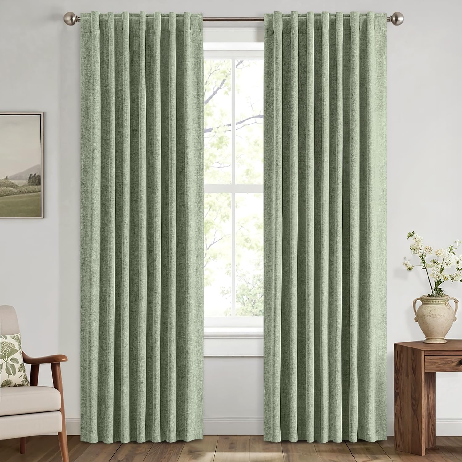 MIULEE 100% Blackout Linen Curtains for Bedroom, Sage Green Solid Luxury Decor Thermal Insulation... | Amazon (US)