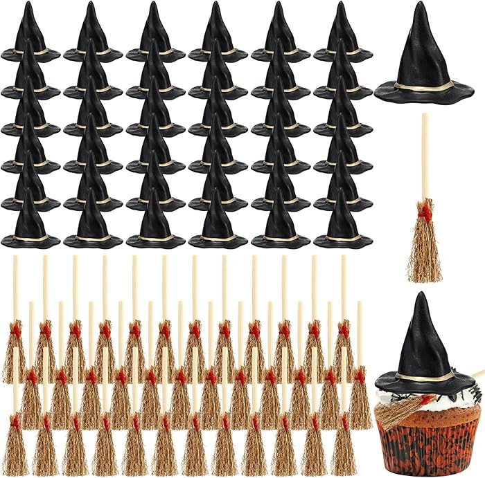 Weysat 72 Pcs Mini Witch Hat with Mini Broom Miniature Straw Brooms Plastic Black Witch Hats for ... | Amazon (US)