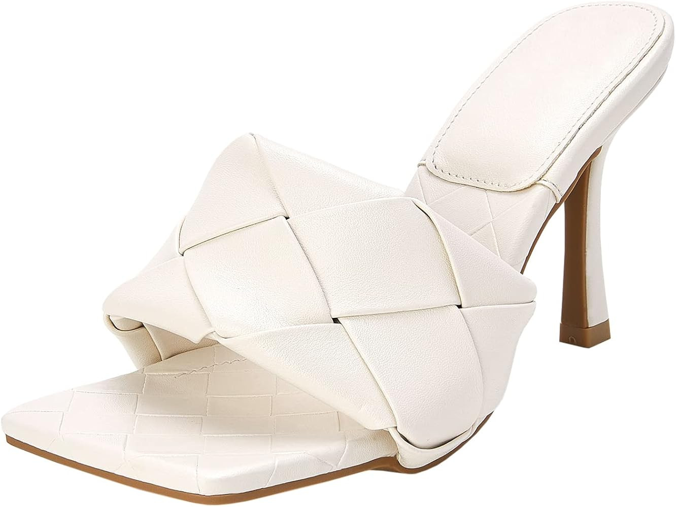 Women's Braided Heels Sandals Square Open Toe Heeled Leather Mule Woven Slides Stiletto Slip On Quil | Amazon (US)