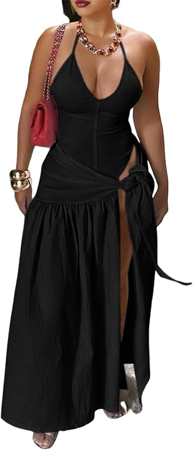 Womens Summer 2 Piece Maxi Skirt Sets Sexy Halter V Neck Backless Thong Bodysuits Wrap Beach Cove... | Amazon (US)