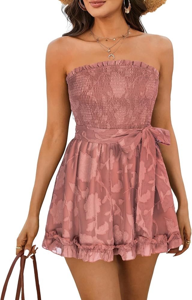 Zexxxy Women’s Summer Rompers Cotton Linen Smocked Short Jumpsuits Off Shoulder Ruffle Vacation... | Amazon (US)