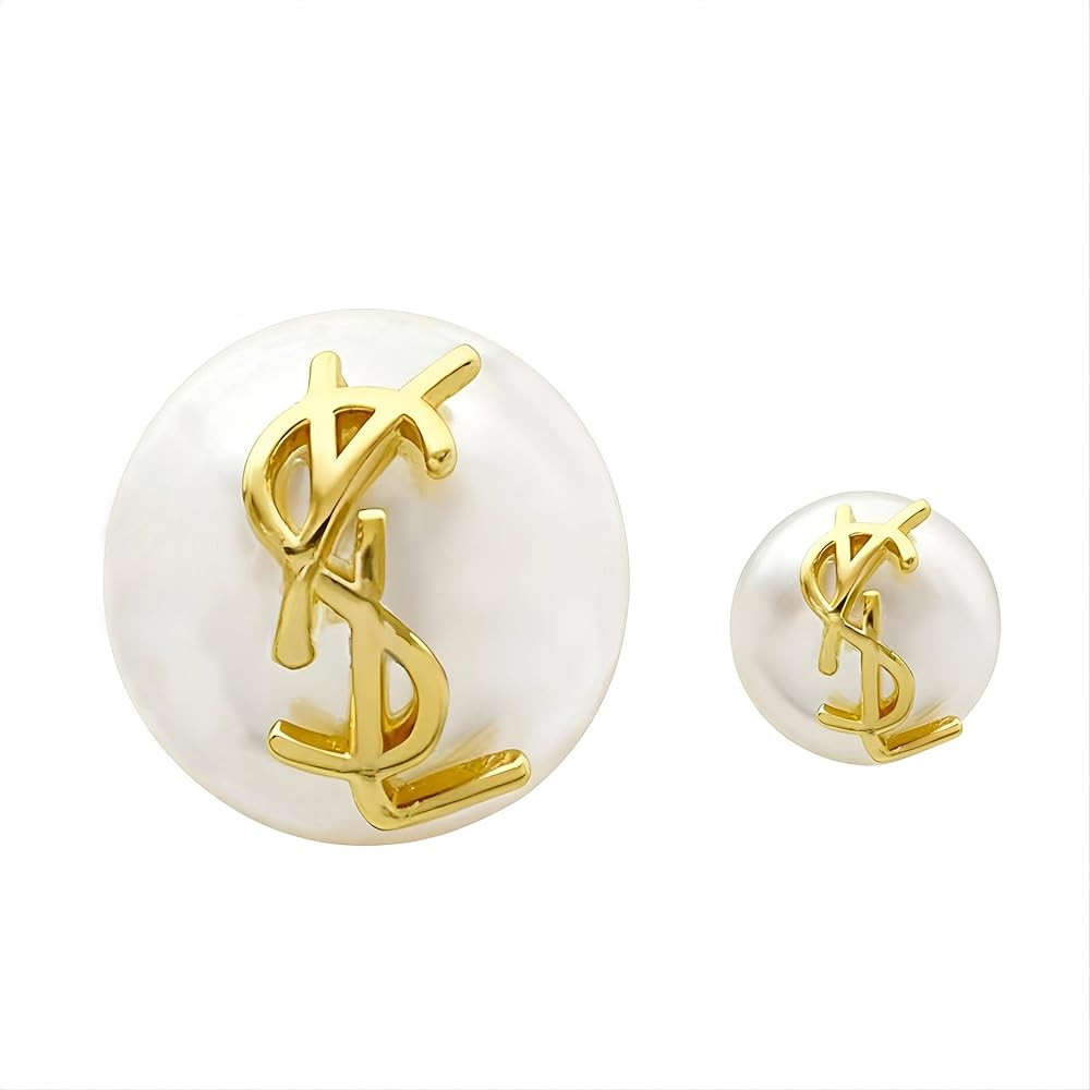 Designer Pearl Stud Earrings, Gold-Tone Logo Detail， Classic Fashion Earrings | Amazon (US)