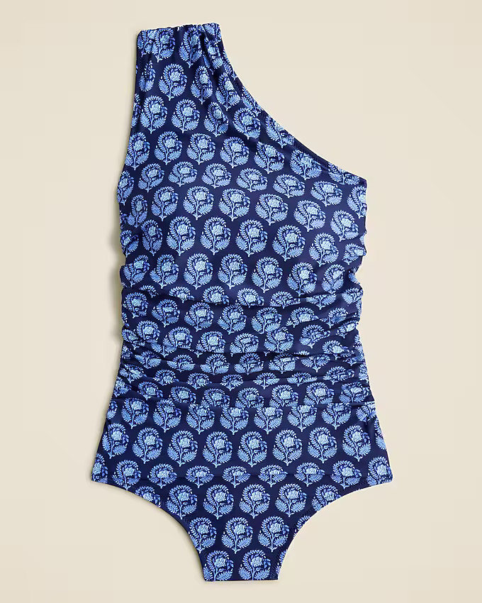 Ruched one-shoulder one-piece swimsuit in navy bouquet block print | J. Crew US