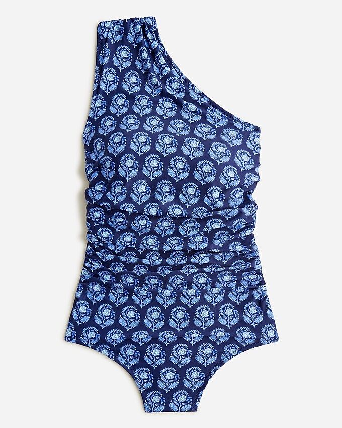 Long-torso ruched one-shoulder one-piece swimsuit in navy bouquet block print | J.Crew US
