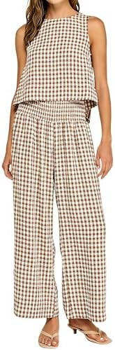 Yeokou Women Plaid Gingham 2 Piece Set Sleeveless Top Smocked Wide Leg Pants Casual Matching Outf... | Amazon (US)