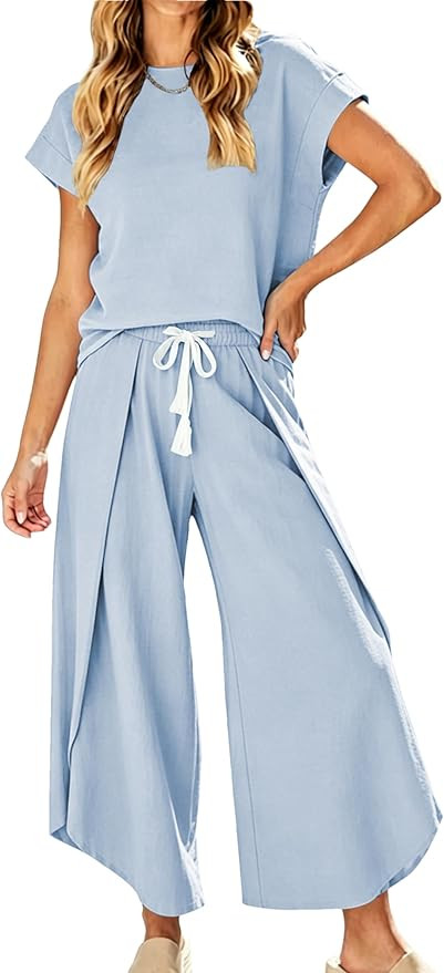 Women's 2 Piece Outfits Cap Sleeve Top Open Leg Pants Matching Set Summer Vacation Outfits | Amazon (US)