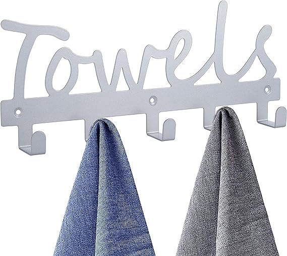 Towel Racks Wall Mount 5 Hooks,Bathroom Hooks Towel Holder Matte Nickel Towel Racks,Rustproof and... | Amazon (US)