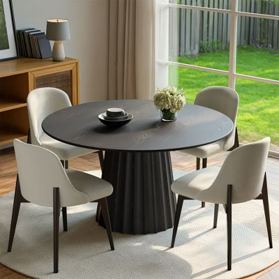 PexFix 46" Modern Round Dining Table Set with 4 Upholstered Chairs Black Textured Wood Top Pleated Pedestal Base Beige Seats for Kitchen Dining Room | Target