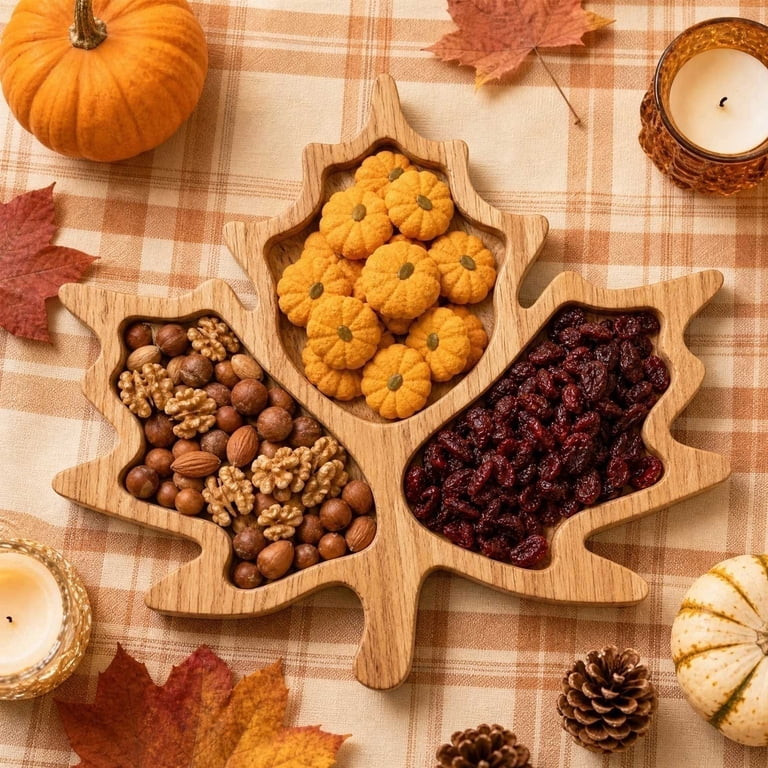 Thanksgiving Autumn Maple Leaf Platter, 11.2" Natural Wood Serving Board, Khaki Divided Fall Tray... | Walmart (US)