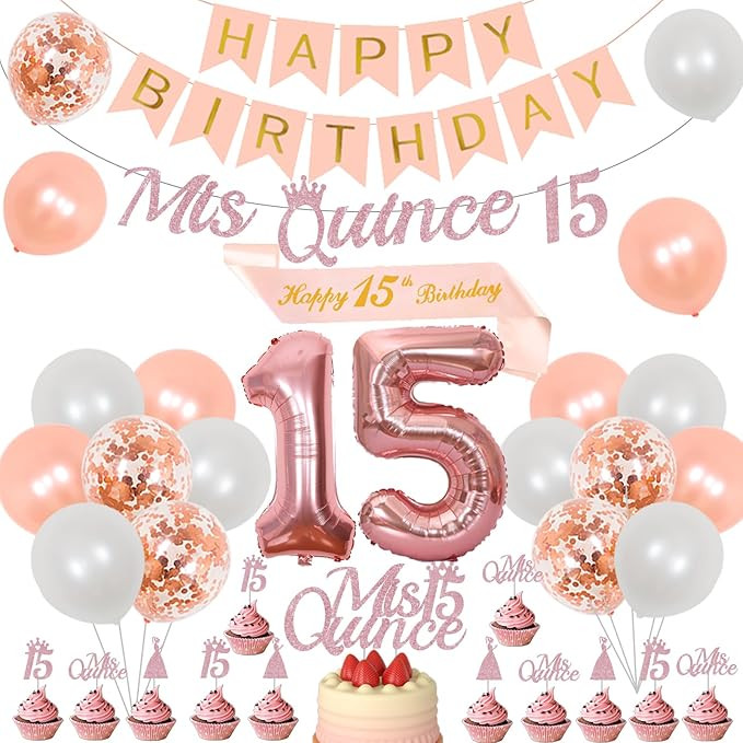 Cheereveal 15th Birthday Decorations for Girls Rose Gold, Mis Quince 15 Banner Cake Topper, Quinc... | Amazon (US)