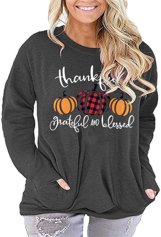 Plus Size Women Thanksgiving Shirt Thankful Greatful Blessed Tee Pumpkin Graphic Casual Raglan Lo... | Amazon (US)