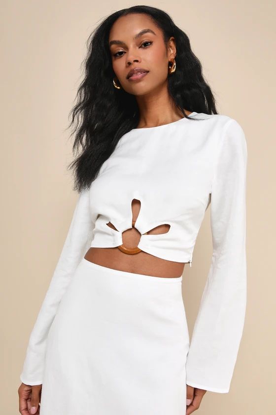 Effortless Vacay White Linen Long Sleeve Cropped O-Ring Top | Lulus
