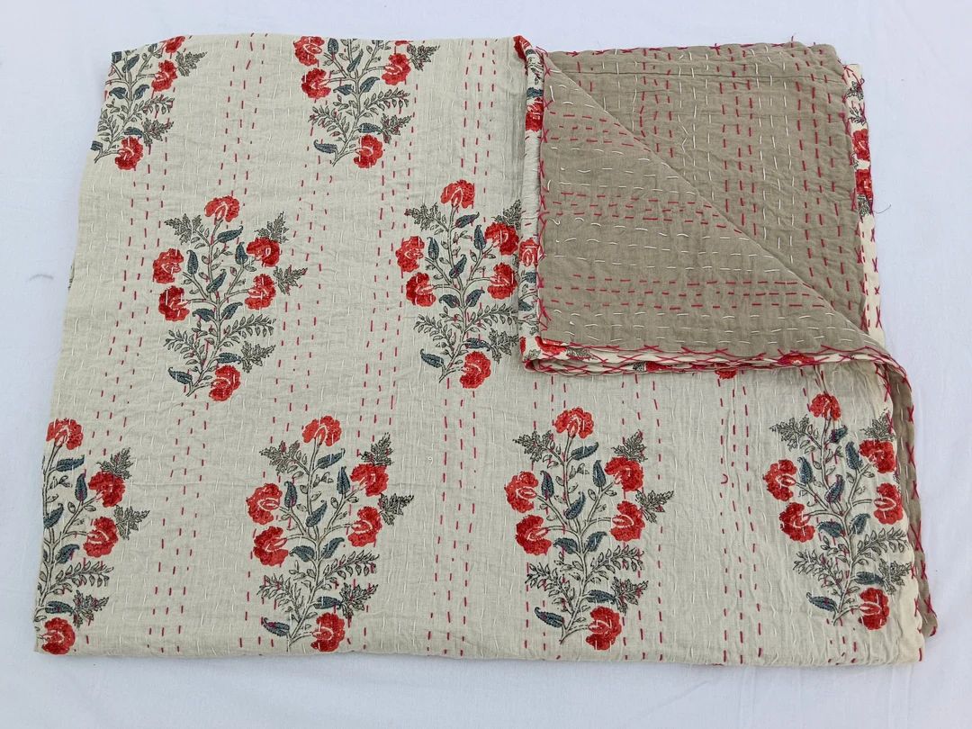Asian design full size quilt for sale handmade Indian Block print bedding bedspread full size Kan... | Etsy (US)