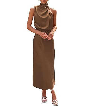PRETTYGARDEN Women's 2025 Summer Satin Dress Elegant Sleeveless Mock Neck Cocktail Party Maxi Dre... | Amazon (US)