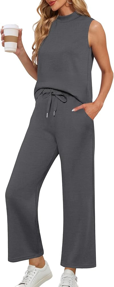 Lepunuo Two Piece Sets for Women Summer Mock Neck Sleeveless Top Wide Leg Pants Lounge Sets Vacat... | Amazon (US)