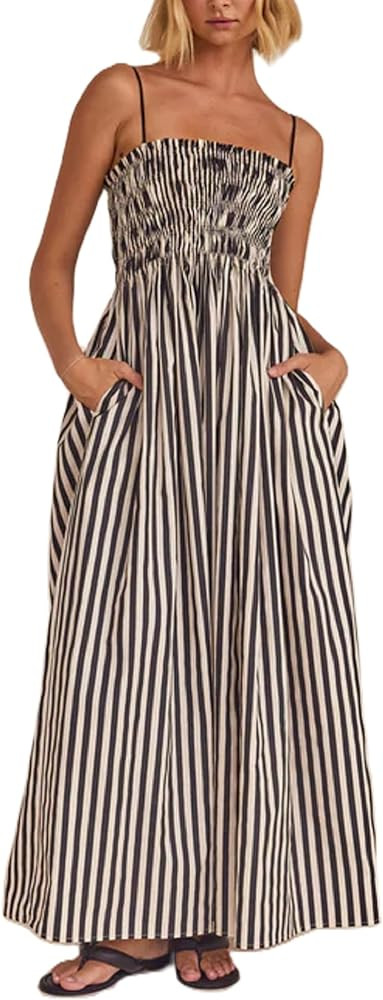 Women Striped Maxi Dress Smocked Backless Spaghetti Strap Long Flowy Dress Sleeveless Boho Aline ... | Amazon (US)