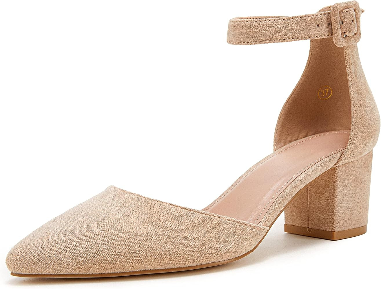 FISACE Womens Low Mid Square Heel Ankle Strap Sandal Office Ladies Pointed Toe Pumps Shoes | Amazon (US)