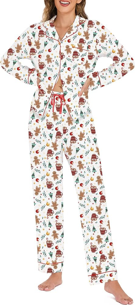 LUBOT Christmas Pajamas 100% Cotton Womens Pajamas Set 2 Piece Soft Button-Down Xmas PJs Set Slee... | Amazon (US)