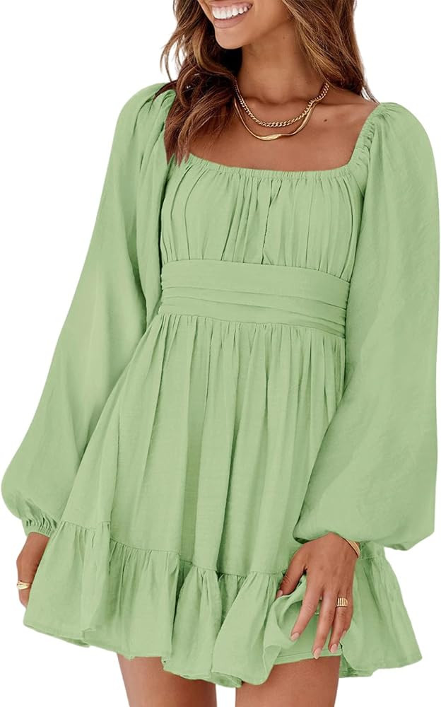 EVALESS Long Lantern Sleeve Dresses for Women 2023 Fashion Tie Back Square Neck Summer Elegant Mi... | Amazon (US)