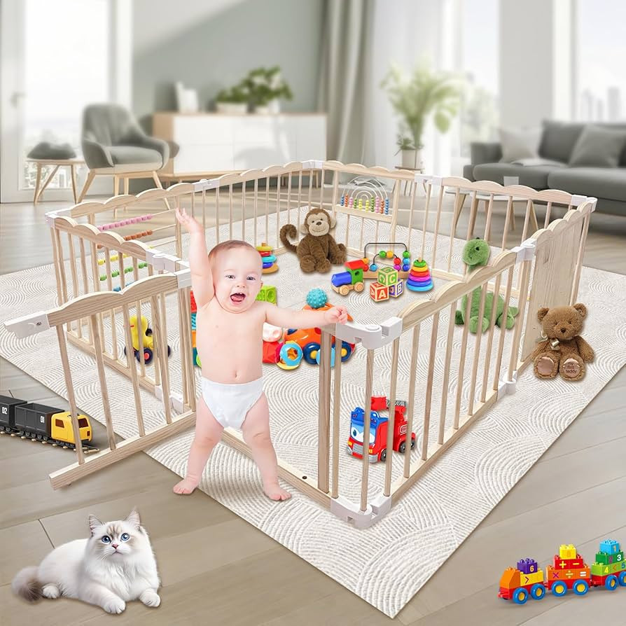 Baby Playpen - 60 x 60 x 24 in Adjustable Multi-Shape Wood Play Yard, Foldable Wooden Baby Playpen/Fence Play Area and Activity Center for Babies and Toddlers with Child Proof Lock and Gate | Amazon (US)