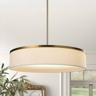 19.6 in. Gold LED Kitchen Drum Pendant Hanging Light with White Linen Shade | The Home Depot