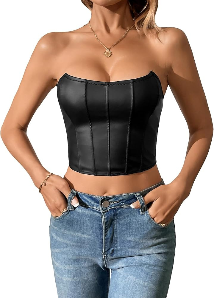 MakeMeChic Women's PU Leather Zip Back Crop Tube Top Strapless Corset Tops | Amazon (US)