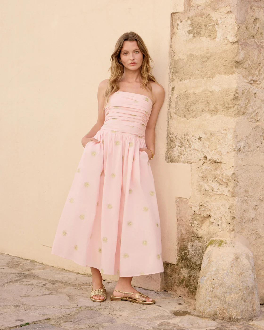 Pink Sun Embroidered Bandeau Alice Midi Dress | Nobody's Child