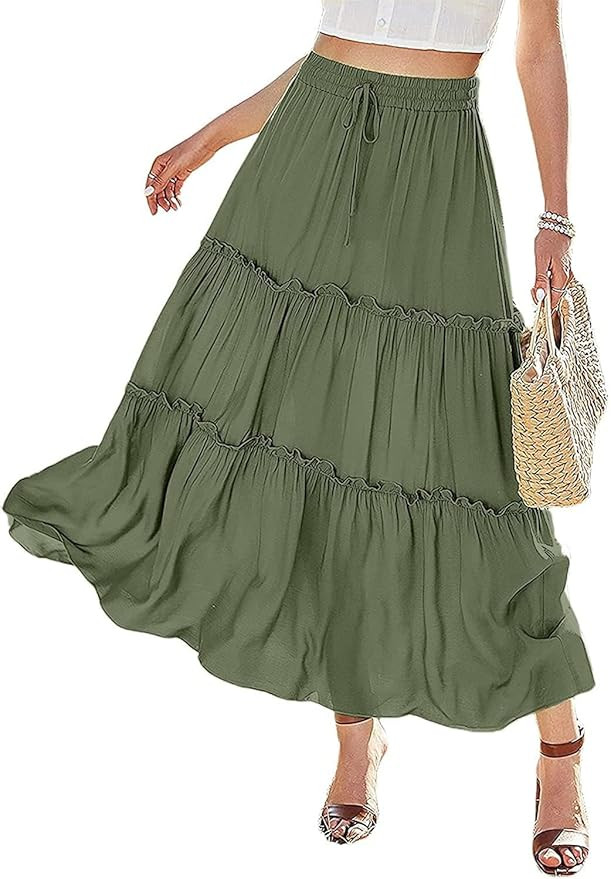 Avanova Women's Elastic High Waist A Line Layer Ruffle Swing Long Maxi Skirt | Amazon (US)