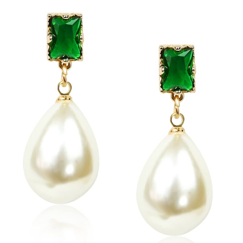 18K Gold Plated Pearl Drop Earrings Dangle Handmade Earrings with Emerald Green Earrings Pearl Da... | Amazon (US)