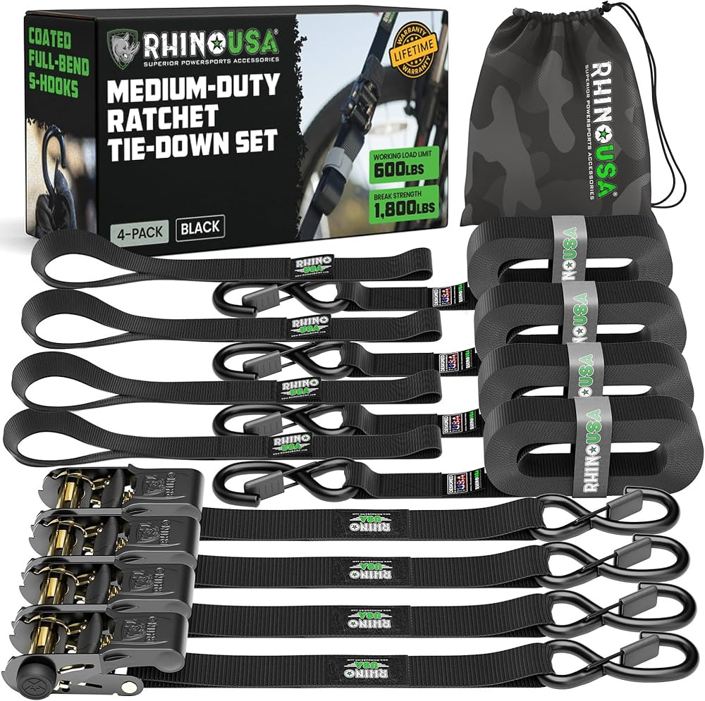 Rhino USA Ratchet Straps Tie Downs (4-Pack) - 1 Inch x 15 Feet (1,823lb Break Strength) - Ultimat... | Amazon (US)