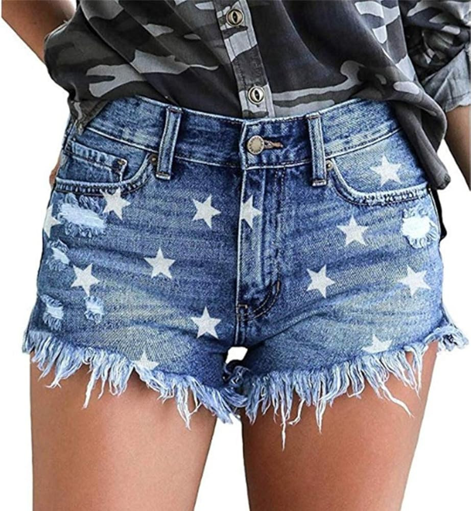 onlypuff Women's Ripped Mid Waisted Denim Shorts with Pockets | Amazon (US)