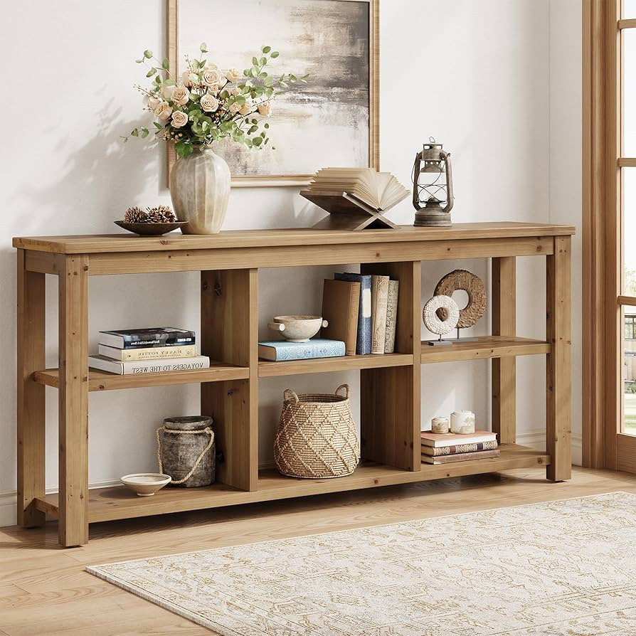 63-Inch Solid Wood Console Sofa Table, 3-Tier Narrow Farmhouse Entryway Table with 6 Storage Cube... | Amazon (US)