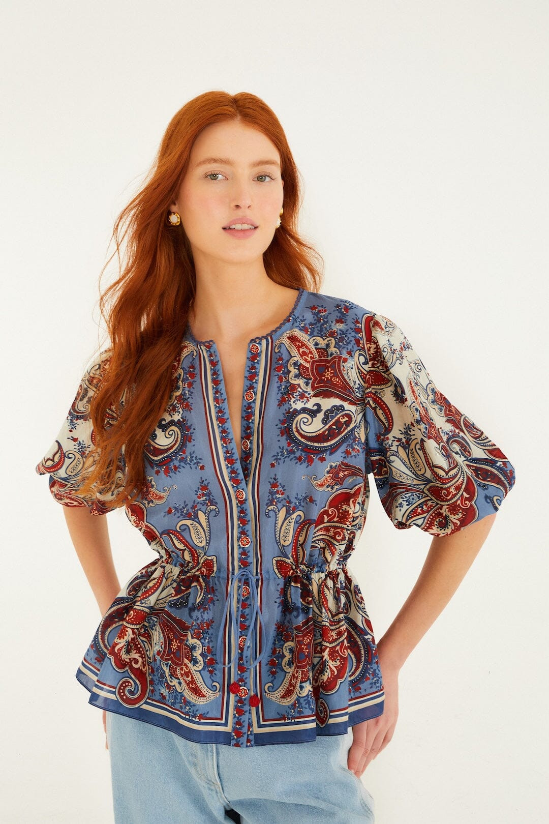 Blue Paisley Scarf Short Sleeve Blouse | FARM Rio | FarmRio (US)