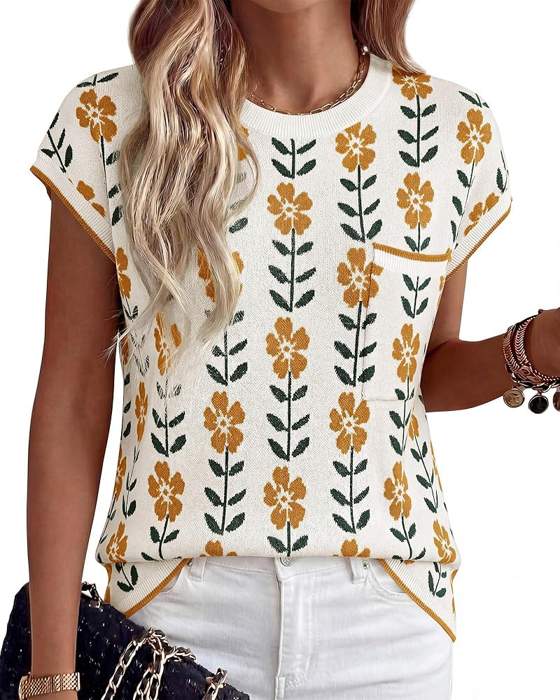 KIRUNDO Spring Summer Short Sleeve Sweater for Women 2026 Casual Sweater Vest Cotton Knit Pullove... | Amazon (US)