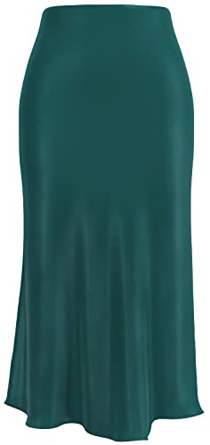 Soowalaoo Womens Dark Green Skirt Midi Long Length Silk Satin High Waisted Elastic Casual Solid Color Skirts S | Amazon (US)