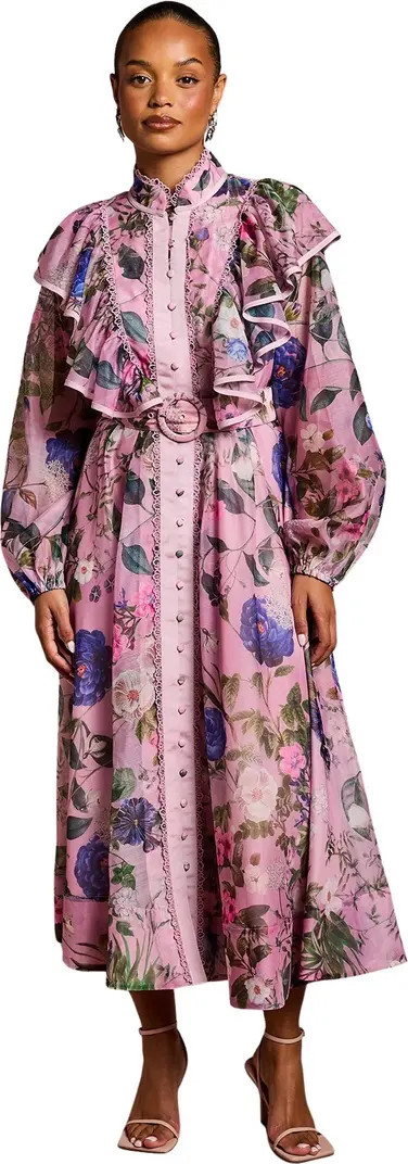 Petite Organza Trim Printed Midi Dress | Nordstrom