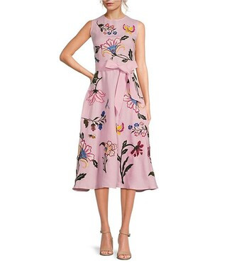Gloriosa Floral Embroidered Linen Sleeveless Belted A-Line Midi Dress | Dillard's