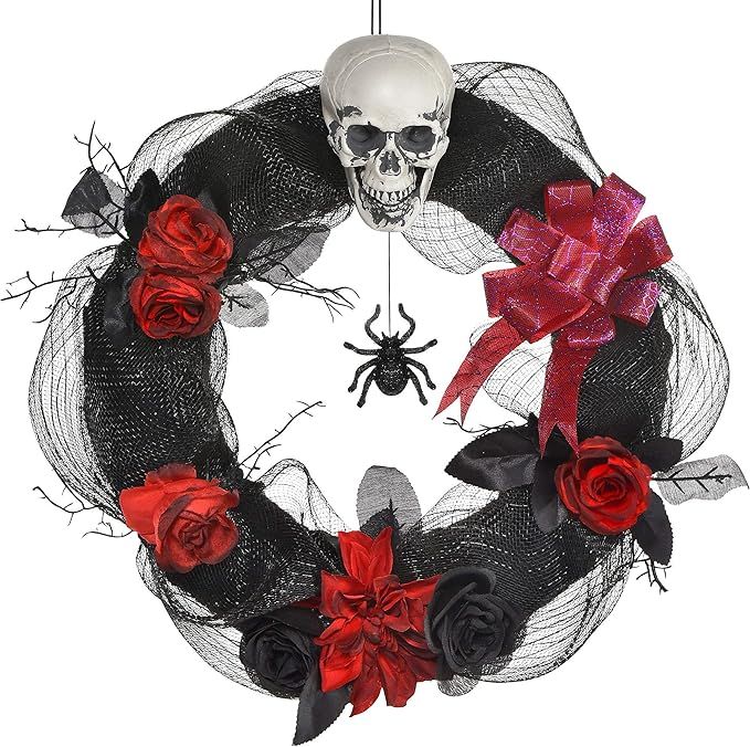 Amscan Creepy Wreath, Halloween Door Decoration Features a Skull, Red Roses, and a Spider, Measur... | Amazon (US)