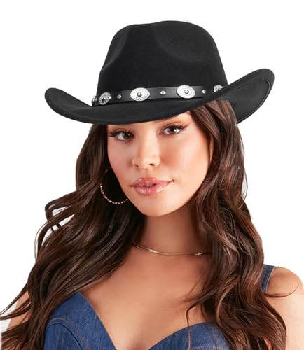 Classic Western Cowboy Hat for Women and Men Roll Up Wide Brim Felt Fedora Hats Cowgirl Hat with Belt Buckle Black | Amazon (US)