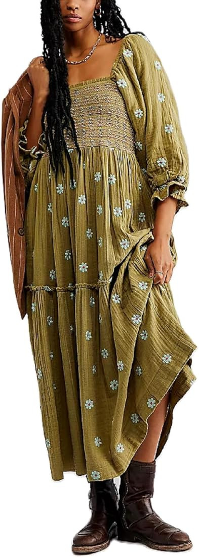 Argeousgor Women 2023 Bohemian Floral Dress Square Neck Ruffle Swing A Line Maxi Dress Long Sleev... | Amazon (US)