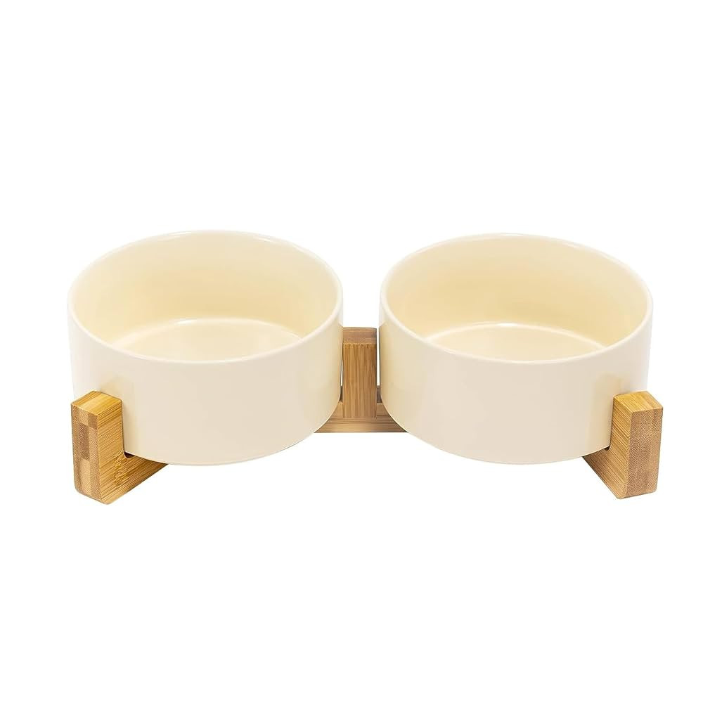 SPUNKYJUNKY Ceramic Dog and Cat Bowl Set with Wooden Stand, Modern Cute Weighted Food Water Set f... | Amazon (US)