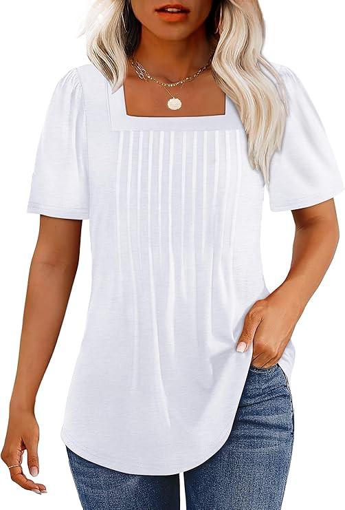 OFEEFAN T Shirts for Women Pleated Square Neck Dressy Casual Blouses Puff Short Sleeve Summer Top... | Amazon (US)