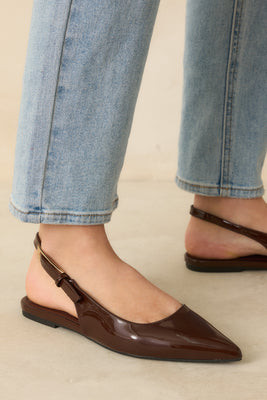 Take Notes Dark Brown Patent Faux Leather Pointed Toe Slingback Flats 7 / Brown | Red Dress