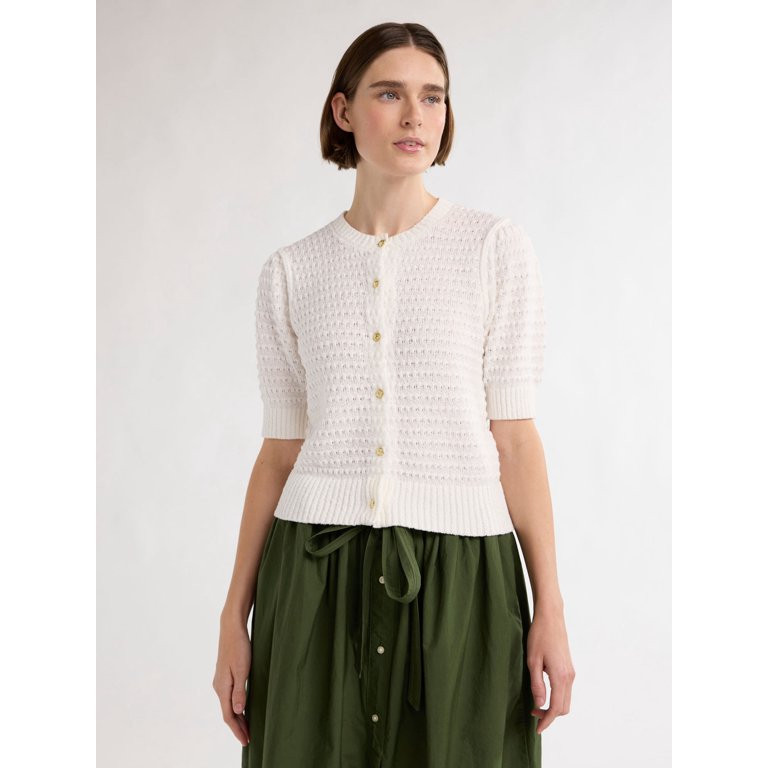 Free Assembly Women’s Textured Cardigan Sweater with Short Puff Sleeves, Lightweight, Sizes XS-... | Walmart (US)