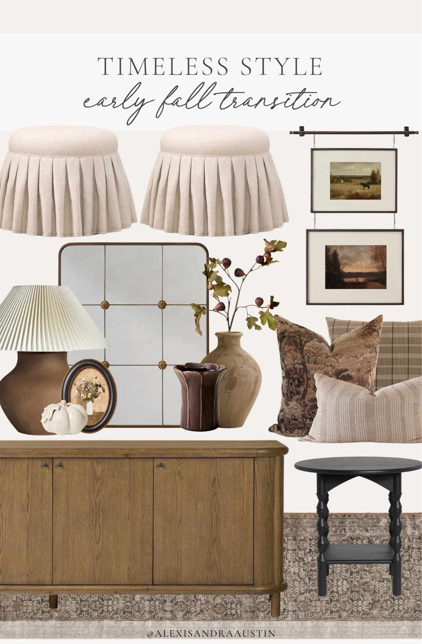 Cozy and collected fall transition style! Love these warm, neutral tones that will look great year round with slight touches of autumn.

Home finds, neutral home inspo, collected style, furniture favorites, neutral wood tones, furniture favorites, timeless home inspo, fall refresh, accent table, vintage style area rug, ottoman details, oversized mirror, moody lamp, cozy throw pillow, fall faux florals, Magnolia, Crate and Barrel, Wayfair, Etsy, Target style, shop the look!

#LTKstorytime #LTKHome