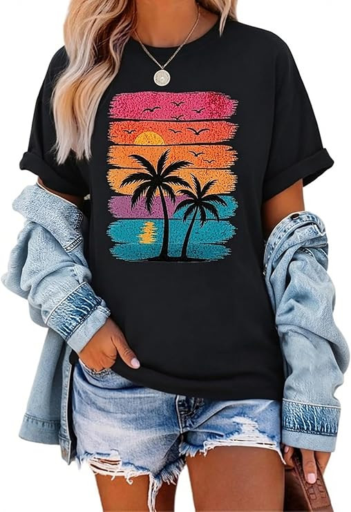 Womens T Shirts Short Sleeve Tees Sunflower Vacation Graphic Loose Summer Tops | Amazon (US)